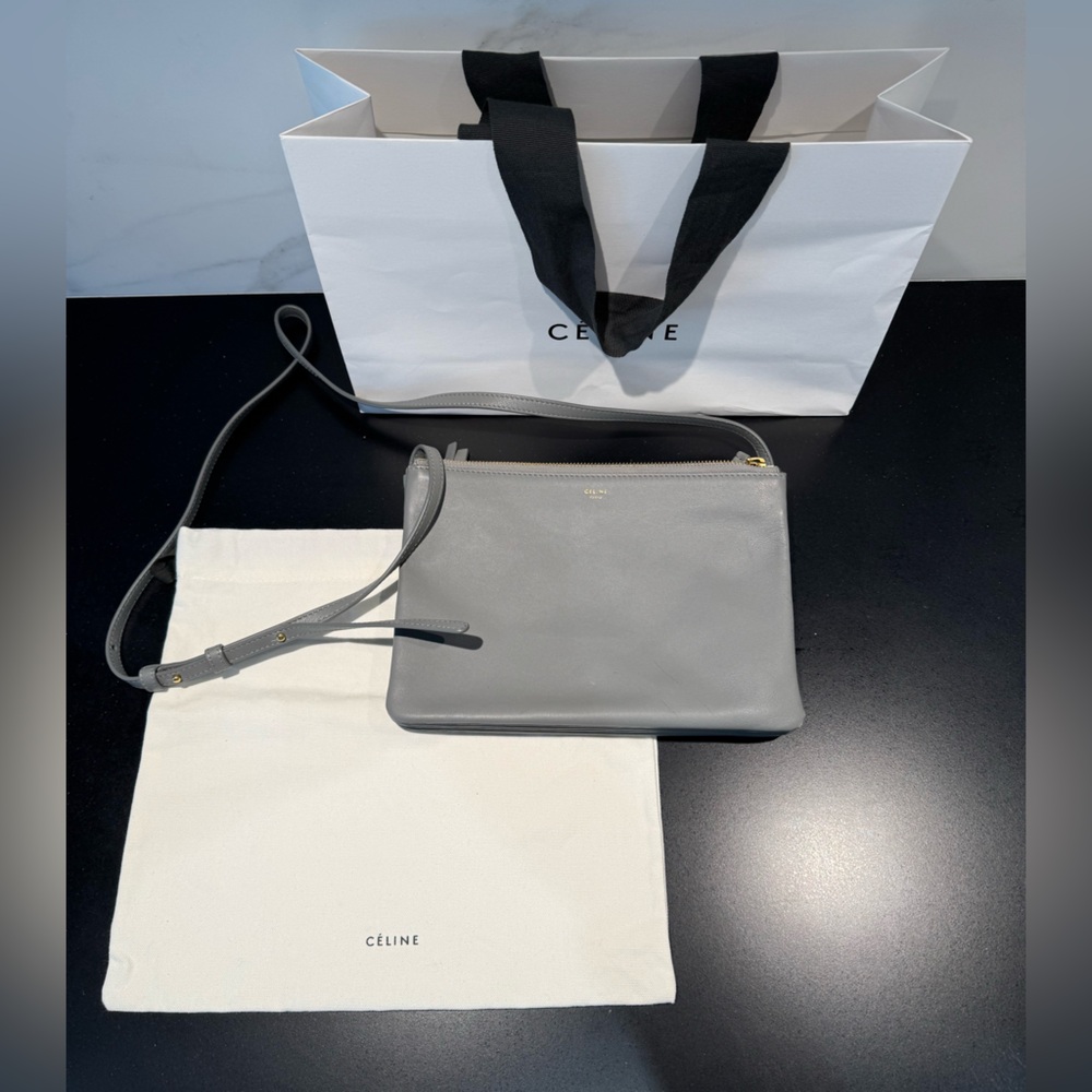 🩶Celine Large Gray Leather Trio Crossbody Bag Calf Leather